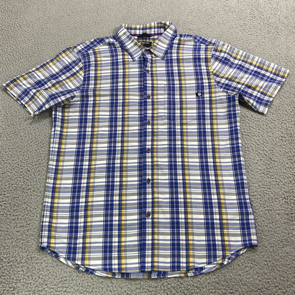 Marmot Shirt Adult Large White Blue Plaid Button Up Pocket Casual Outdoor Mens